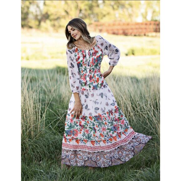 fig and flower Dresses & Skirts - Anthropologie Fig&Flower L Floral Print Sheer Lined Tiered Maxi Dress 3/4 Sleeve